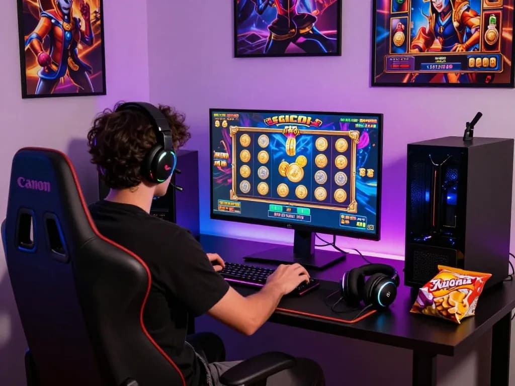 Player enjoying an immersive slot gacor gaming experience at home with dynamic visuals and gaming accessories.