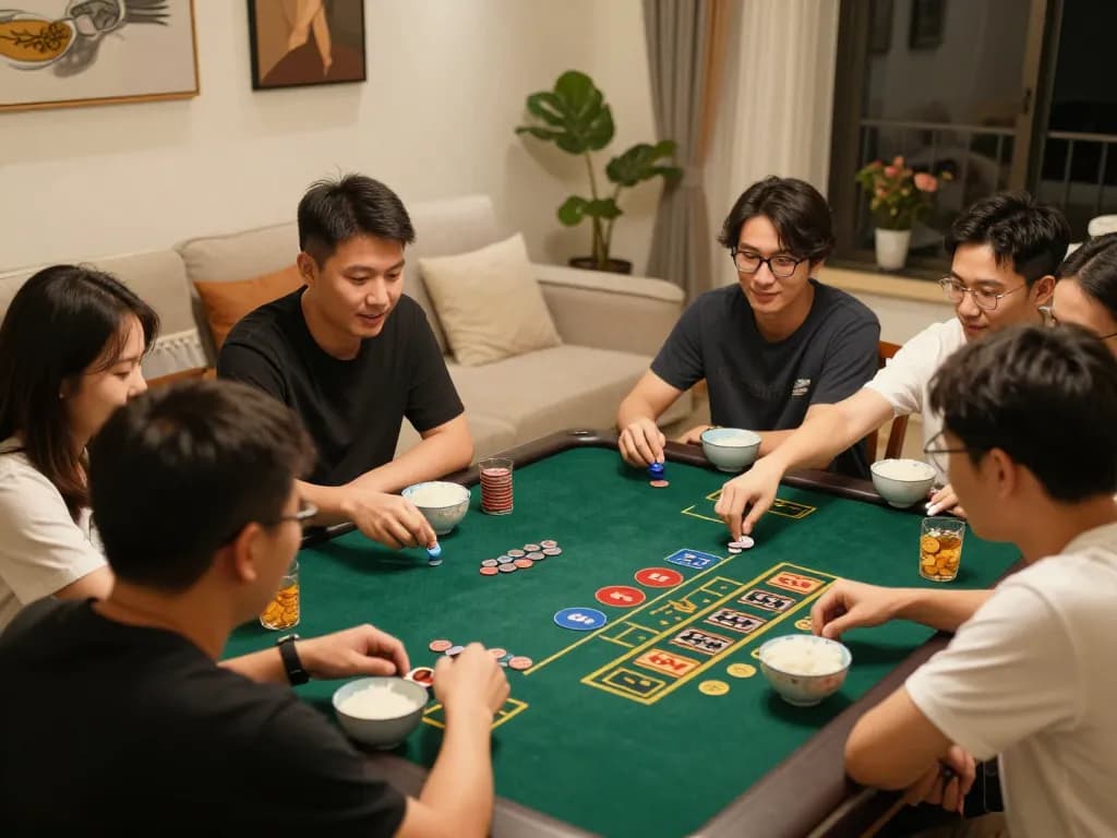 Xóc đĩa game in a friendly home setting with players enjoying social gambling
