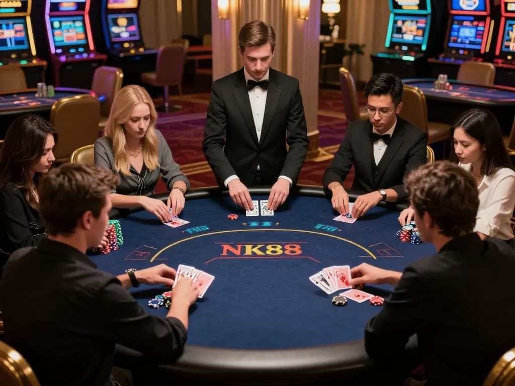 Players enjoying a thrilling game at NK88 win poker table, showcasing exciting gameplay and luxury.