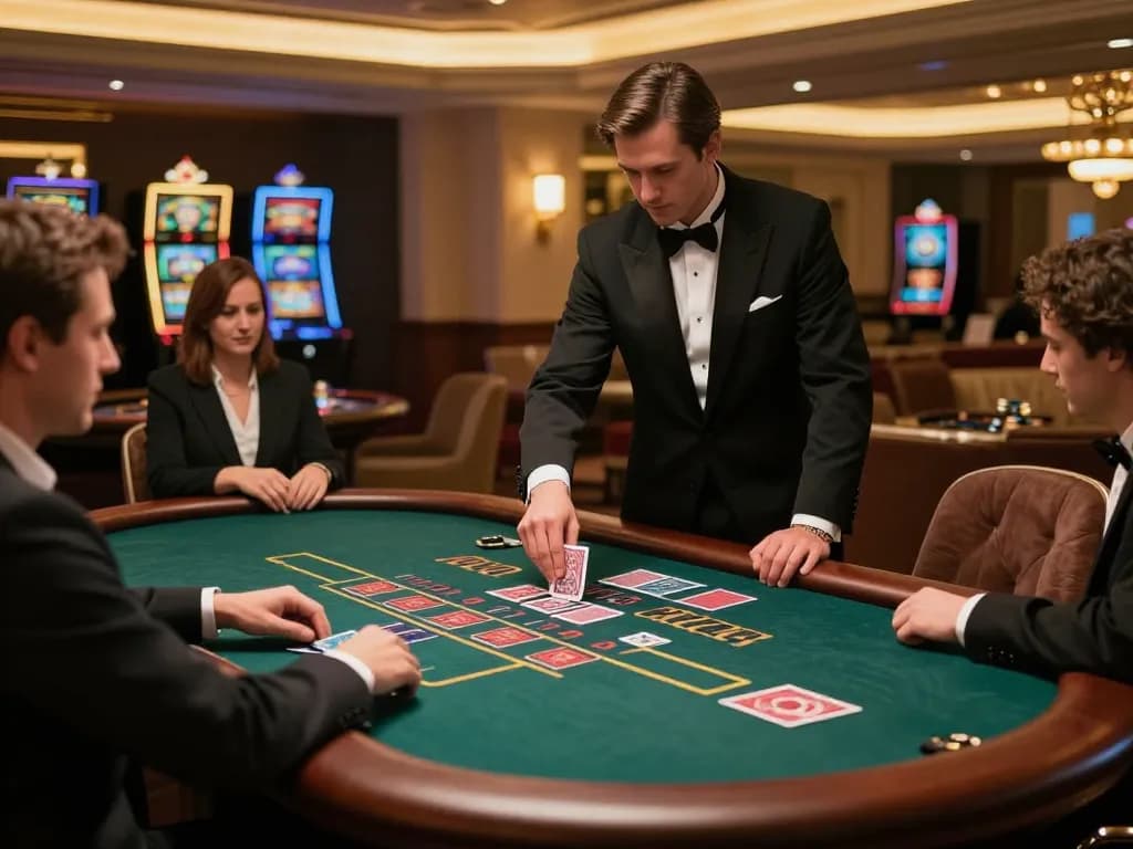 Q88 blackjack table with dealer dealing cards, players placing strategic bets in elegant casino