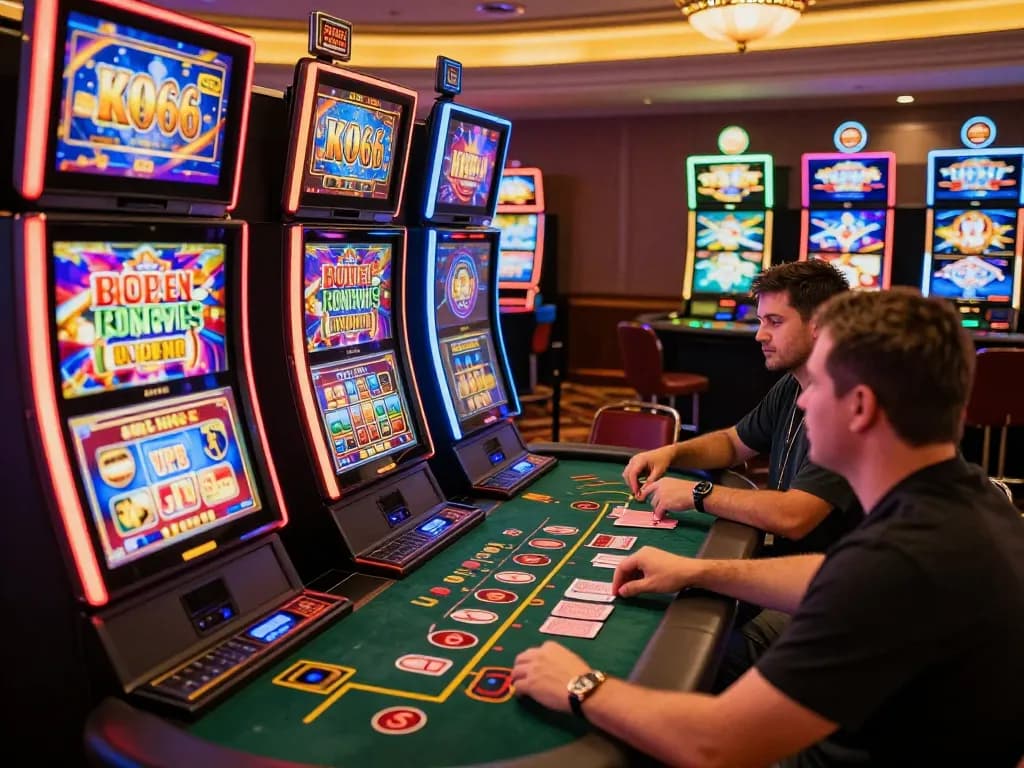 Players enjoying action-packed slot machines at KO66 online casino with vibrant lights.