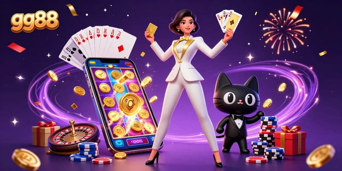 Experience the thrill of gaming at gg88 with a glamorous dealer and playful cat in a vibrant casino setting.