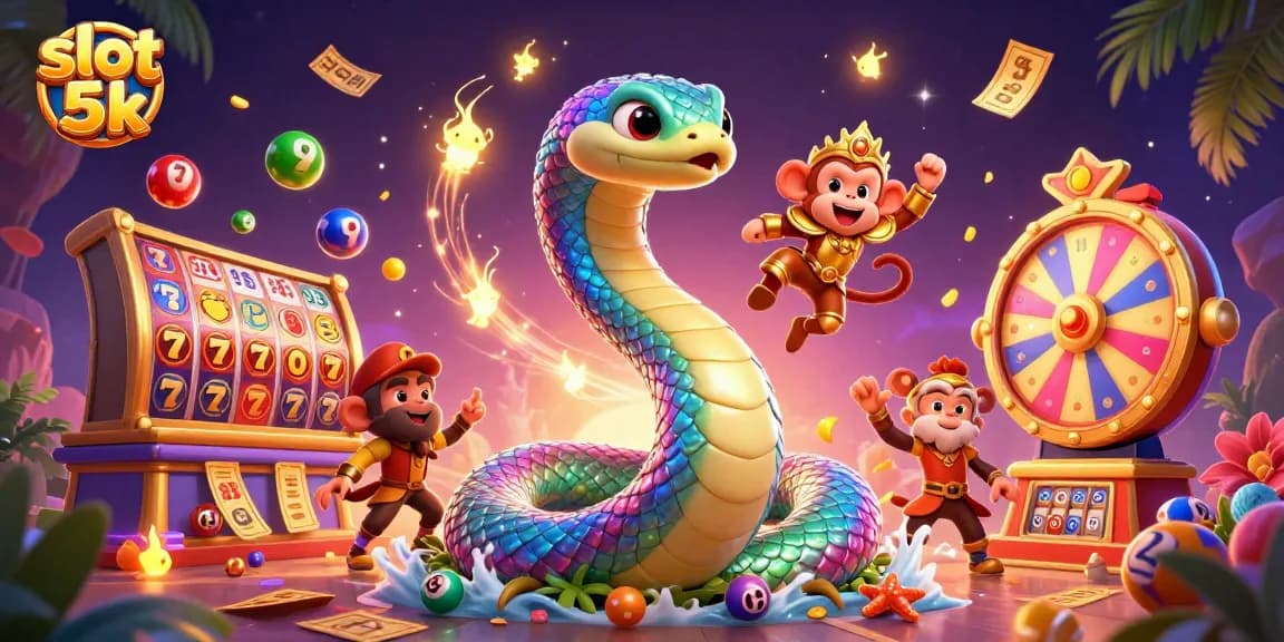 Experience the excitement of slot 5k with a dynamic 3D illustration filled with colorful reels and characters.