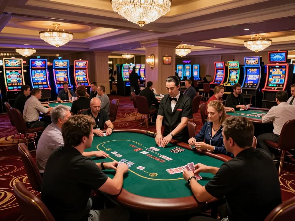 A vibrant casino scene featuring players at AW8 poker tables in action with a dealer shuffling cards.