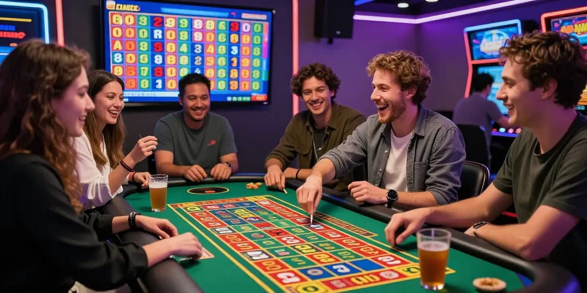 Toto 4D lottery players enjoying a lively game night with colorful tickets and digital results.