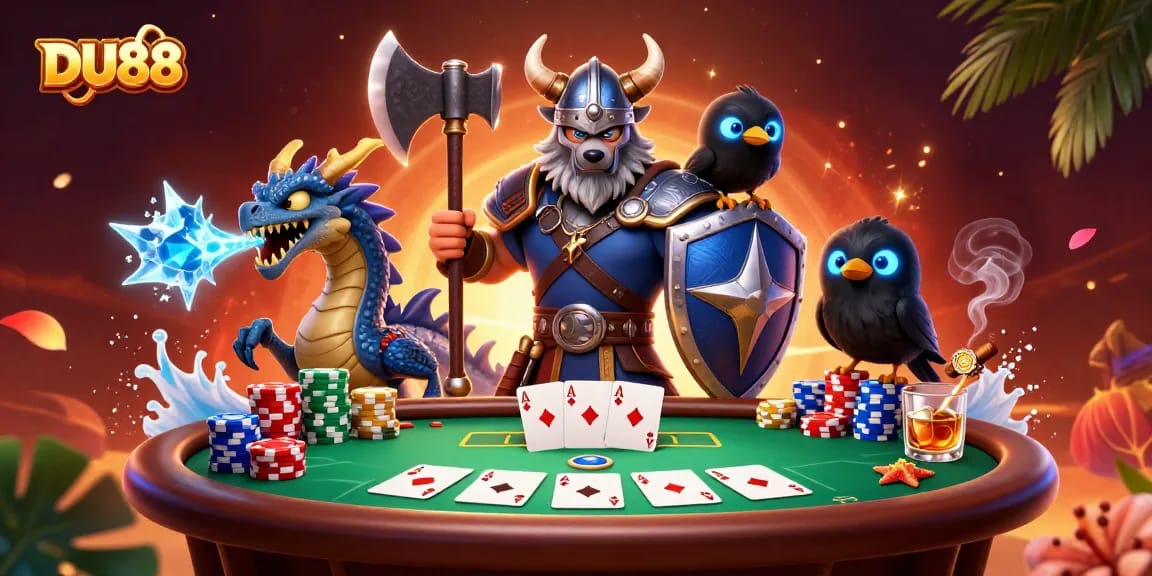 Engage with DU88: A fierce Viking wolf, dragon, and raven at a vibrant poker table!