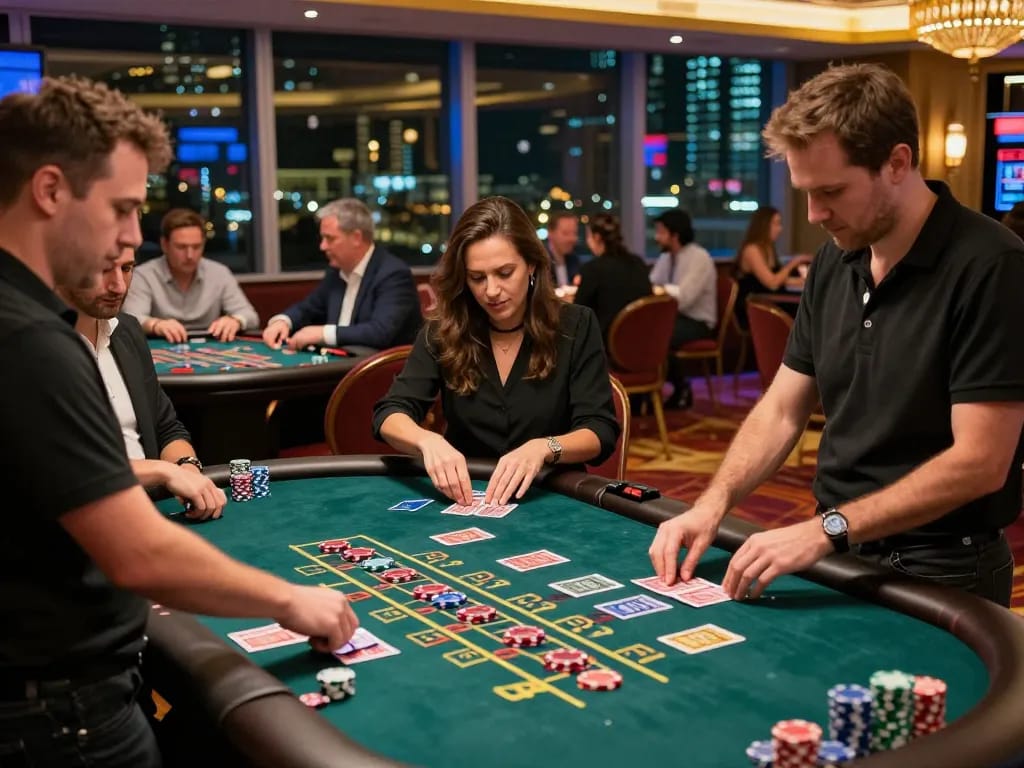 Exciting scene of players enjoying free credit baccarat at a live casino table, showcasing engagement, diverse participants, and the thrill of gameplay.