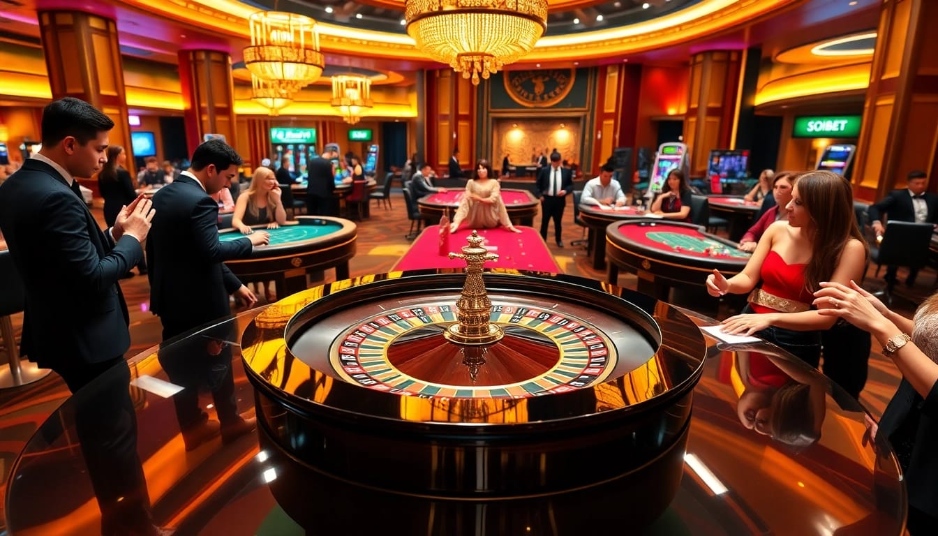 Experience thrilling gameplay at https://soibet.vision/ with vibrant casino scenes capturing the excitement of roulette and poker.