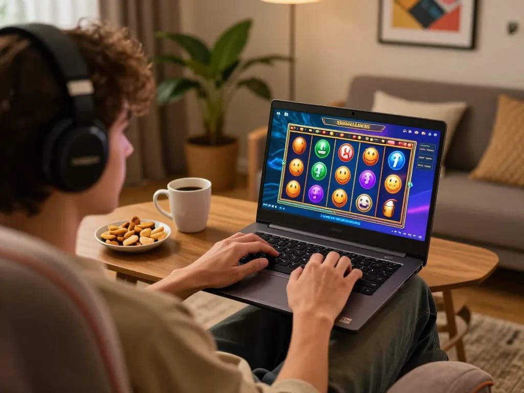 Engaged gamer playing slot online on laptop in cozy home setup.
