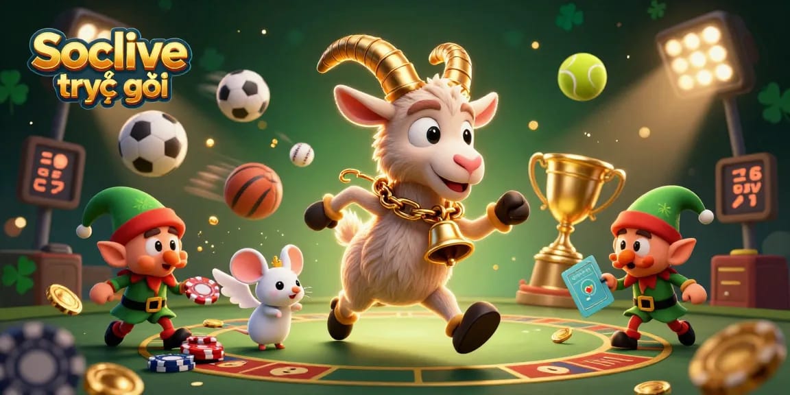 Socolive trực tiếp showcasing a festive casino scene with thrilling gameplay, golden trophies, and lively characters
