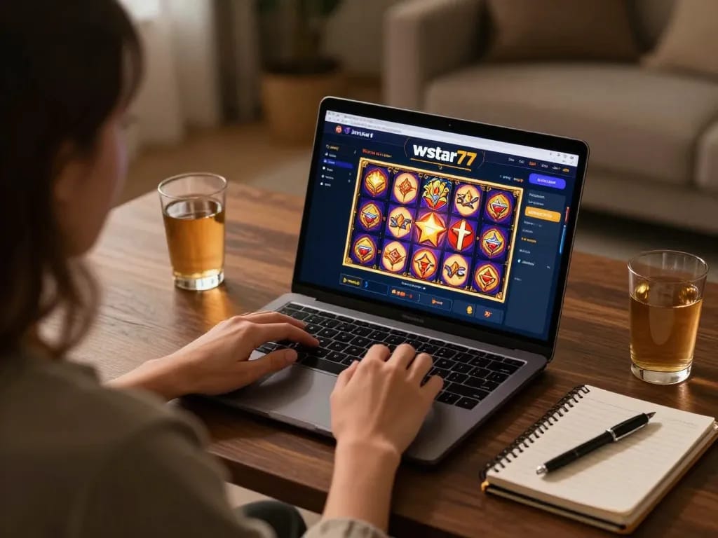 wstar77 player enjoying online gambling on laptop with vibrant gaming interface in warm home setting