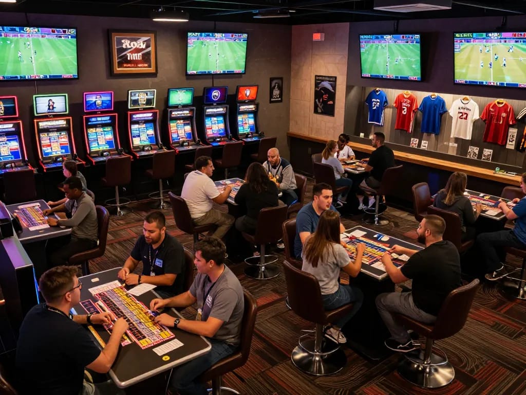 Excited bettors engaging in sports betting at a dynamic lounge featuring 33win events on multiple screens.