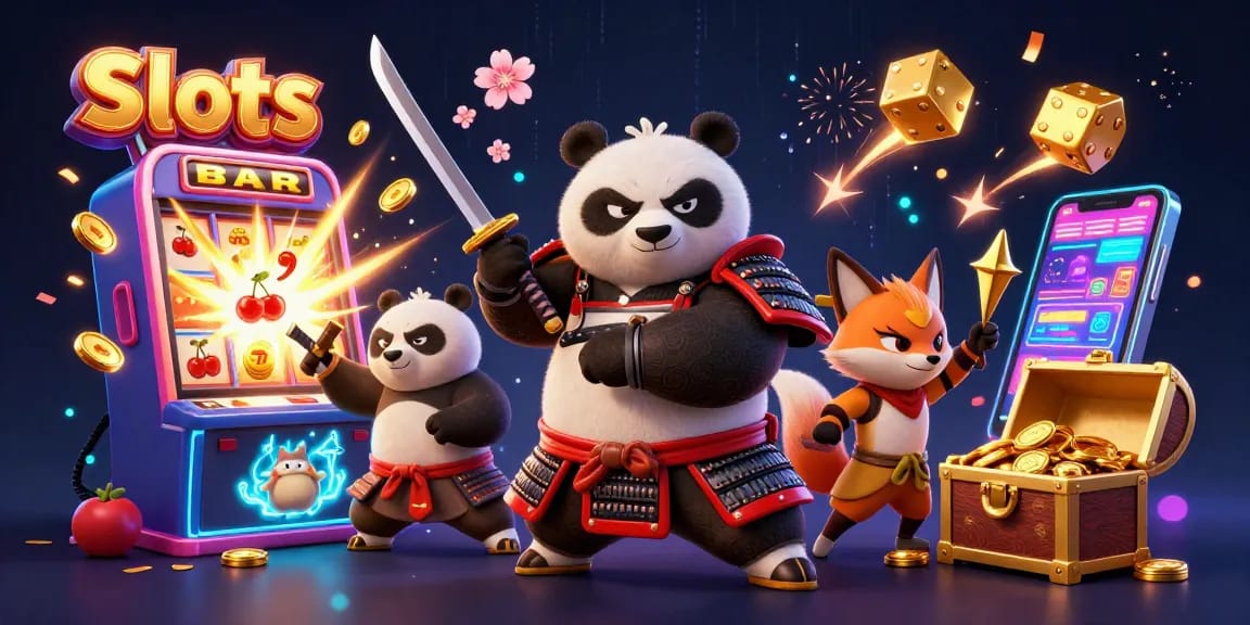 Experience thrilling Slots gameplay with a cartoon samurai panda and magical elements bursting with energy.