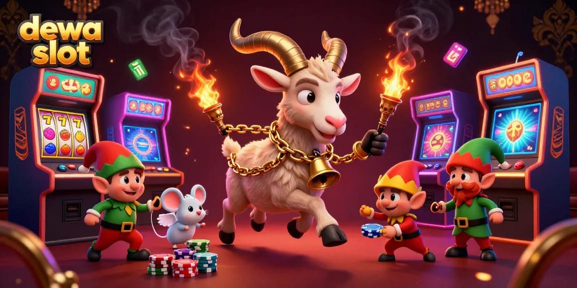 Dewa slot invites you to a dynamic casino scene with playful characters in a festive setting.