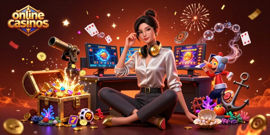 Explore online casinos with an engaging 3D illustration showcasing high-tech gaming and casino elements.
