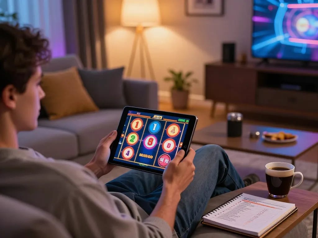 spinadvisor engaging with spinning slot machines while relaxing at home on a tablet