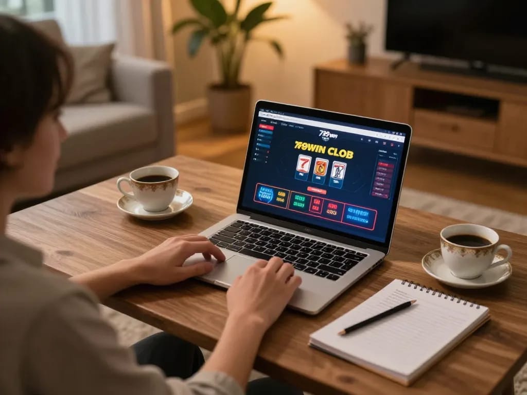 Online player enjoying poker on 789win club, cozy home gaming environment with strategy notes.