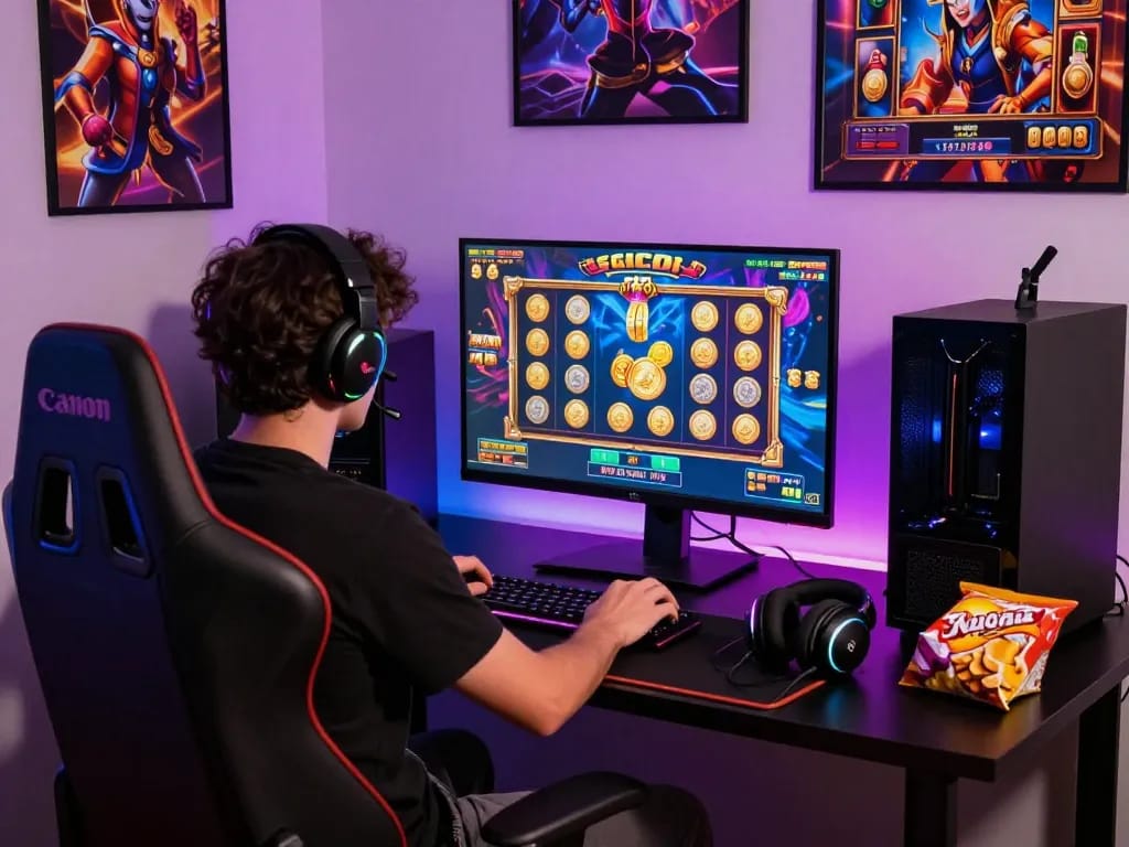Player enjoying an immersive slot gacor gaming experience at home with dynamic visuals and gaming accessories.