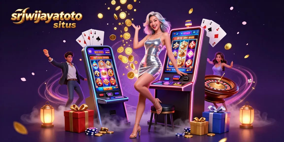 sriwijayatoto situs celebrates wins with a vibrant scene of a joyful woman at a jackpot slot machine surrounded by winning elements