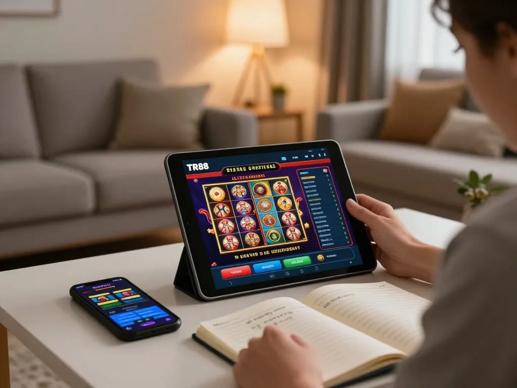 Experience seamless online gameplay with TR88 bet on a tablet, set in a cozy home atmosphere for gambling enthusiasts.