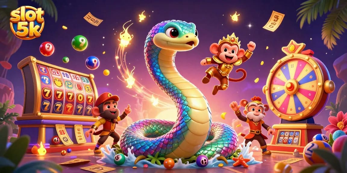 Experience the excitement of slot 5k with a dynamic 3D illustration filled with colorful reels and characters.