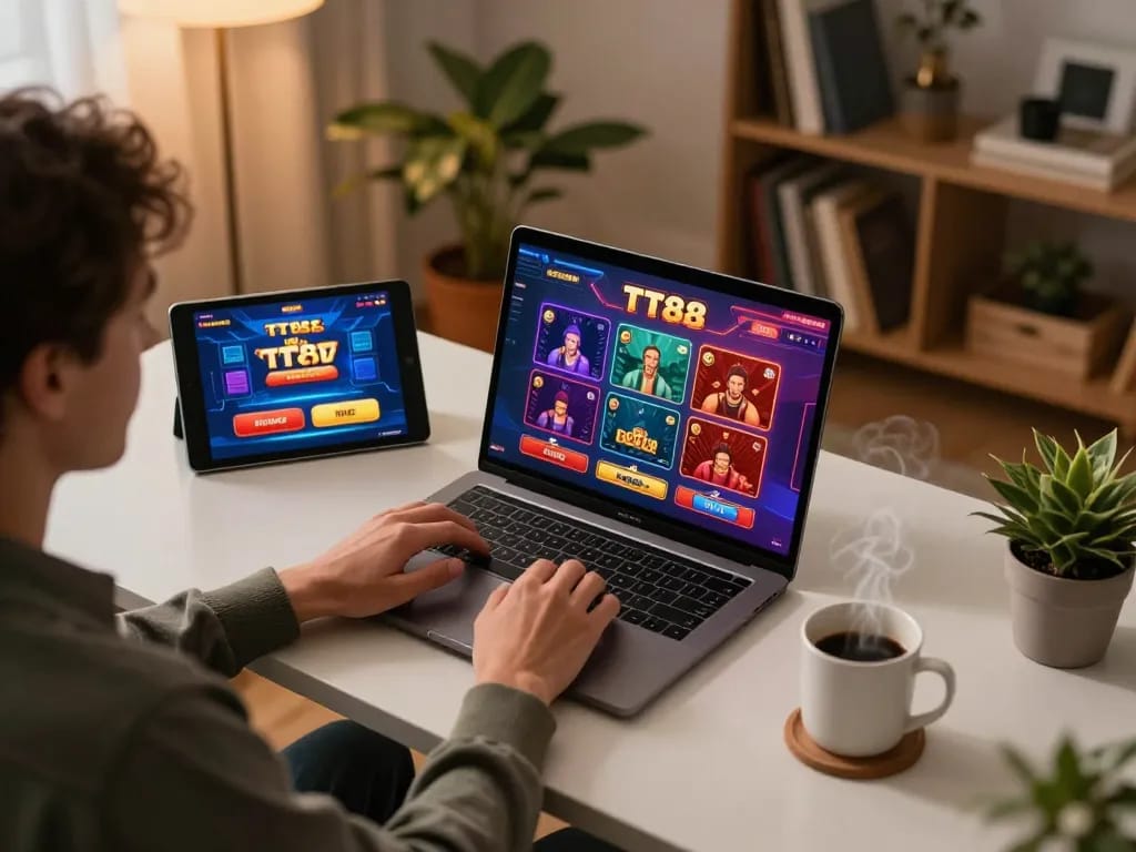 Engaging online casino gameplay featuring TT88 branding on screen, user immersed in strategy.