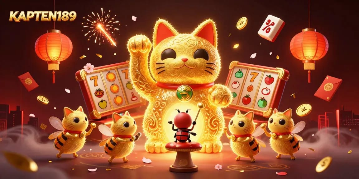 KAPTEN189 memukau dengan simbol slot dan kucing keberuntungan dalam ilustrasi mengesankan.