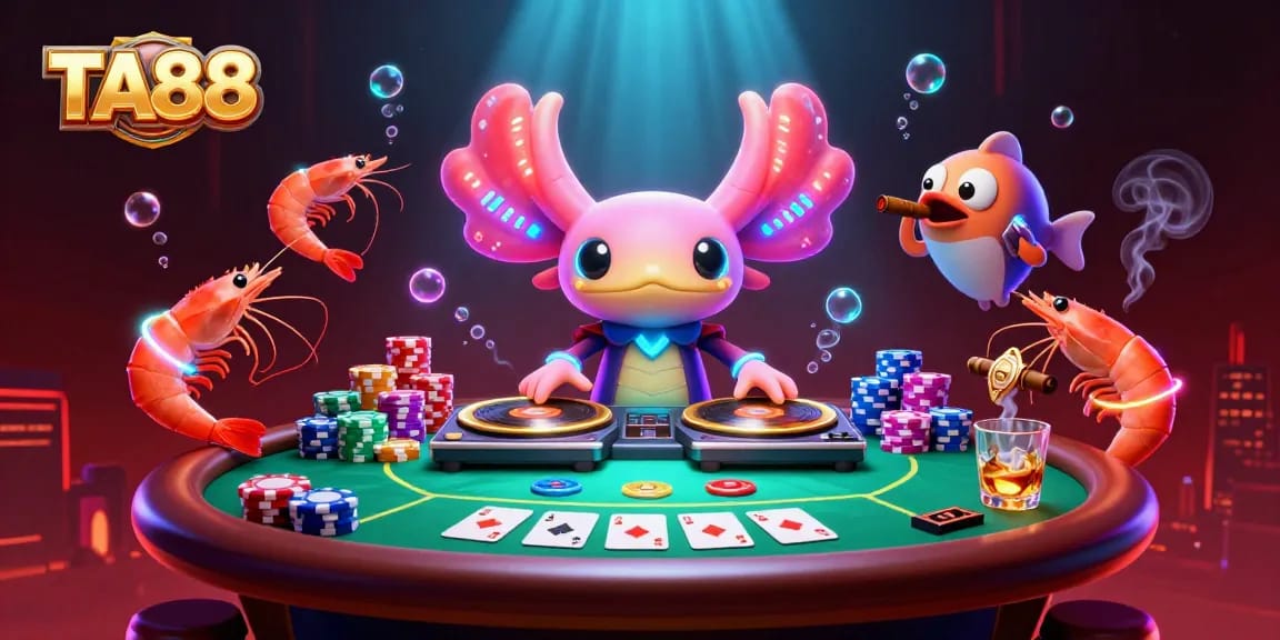 Experience TA88 with vibrant axolotl DJ amidst poker excitement and underwater neon visuals.