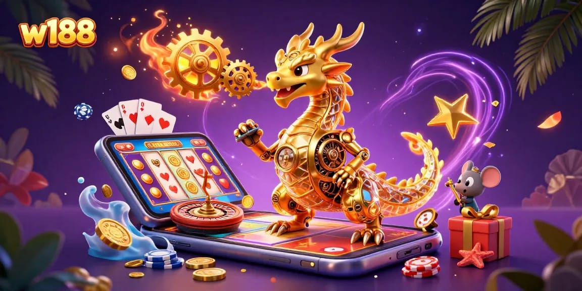 Engage with W188's captivating online gaming adventure through a vibrant golden dragon and action-packed slot games.