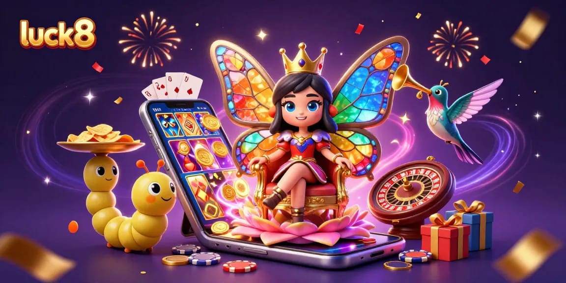 Luck8's vibrant scene showcasing a butterfly queen with casino elements celebrating wins in a magical atmosphere.