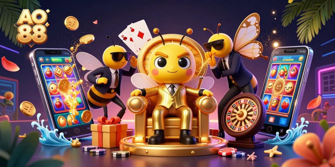 Experience thrilling gameplay at AO 88 with a vibrant 3D casino scene filled with slot games and big winnings.
