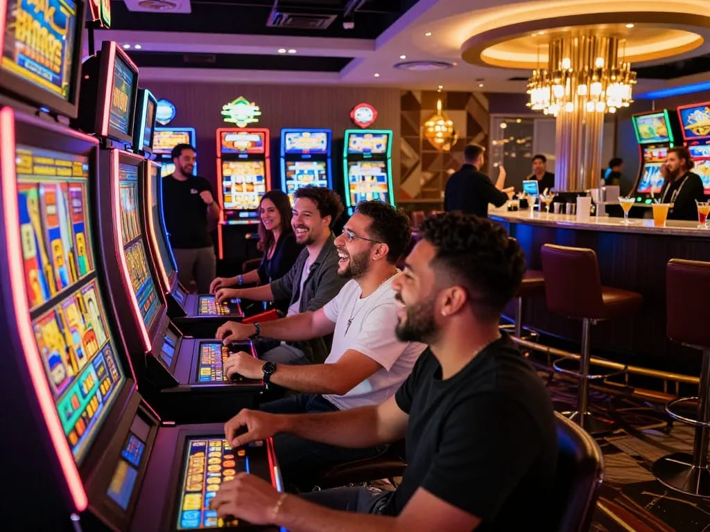 Slot gacor hari ini excitement in a lively casino gaming lounge filled with players enjoying their time.