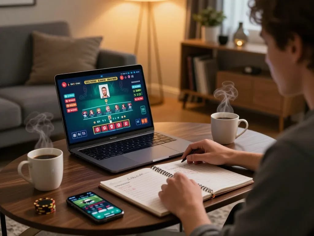 Engaged players at Canadian online casinos using a laptop for live dealer gaming, showcasing strategic focus.