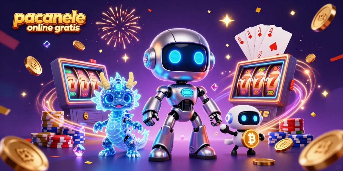 Păcănele online gratis - ilustrație 3D vibrantă cu personaje interactive și simboluri de jocuri de noroc.