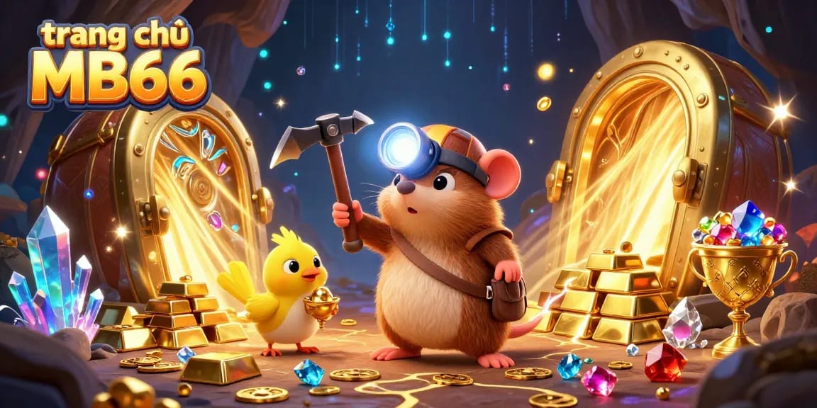 Engage in the excitement on trang chủ MB66, showcasing a treasure hunter and casino gems.