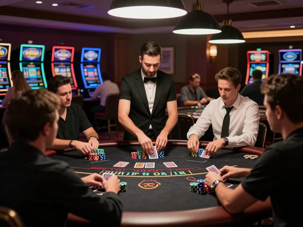 Players at HM88 blackjack table placing bets and strategizing in an elegant casino setting
