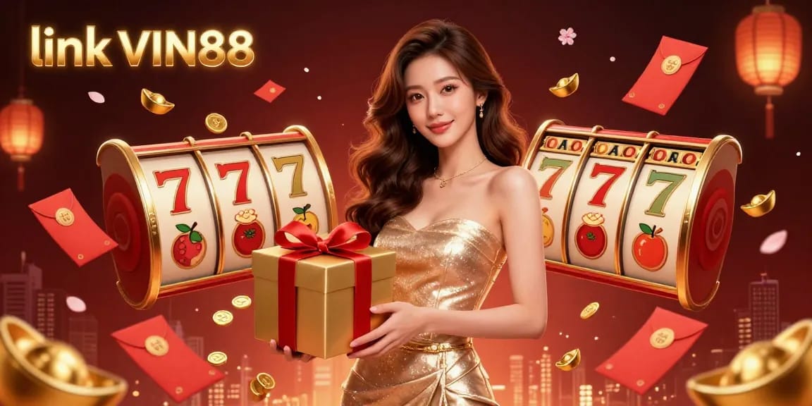 Win big with link VIN88: Gorgeous woman celebrating with golden coins and festive decorations in a vibrant casino.