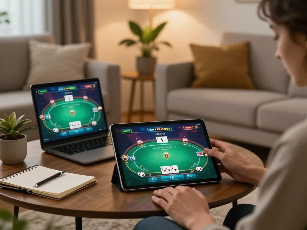 Engaging with nk88 win online poker in a cozy home setting, showcasing strategy notes and tablet interface.