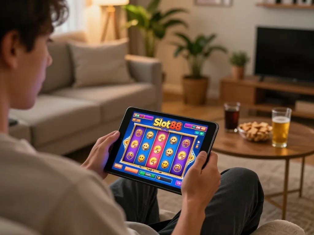 Player engaging with Slot88 on tablet in a cozy home environment, highlighting online gaming excitement.