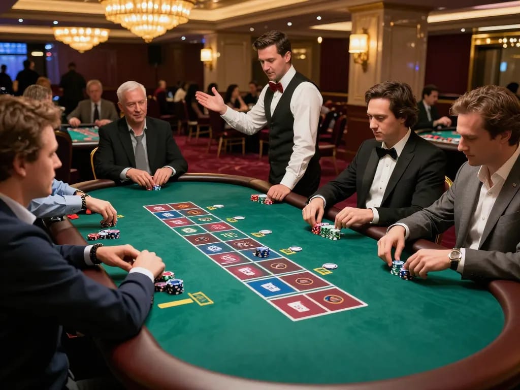 Kinh nghiệm chơi baccarat at a vibrant casino table, showcasing players strategizing their bets with colorful chips.