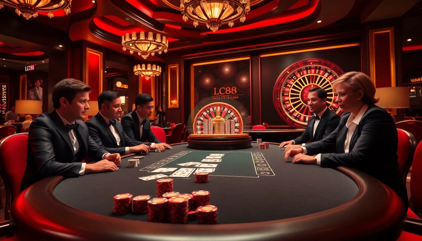Experience thrilling gameplay at LC88 with a vibrant casino setting featuring high-stakes poker action.