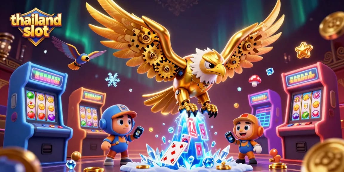Engage with the exciting world of thailand slot as a cybernetic eagle dives through dynamic game elements and holographic cards.