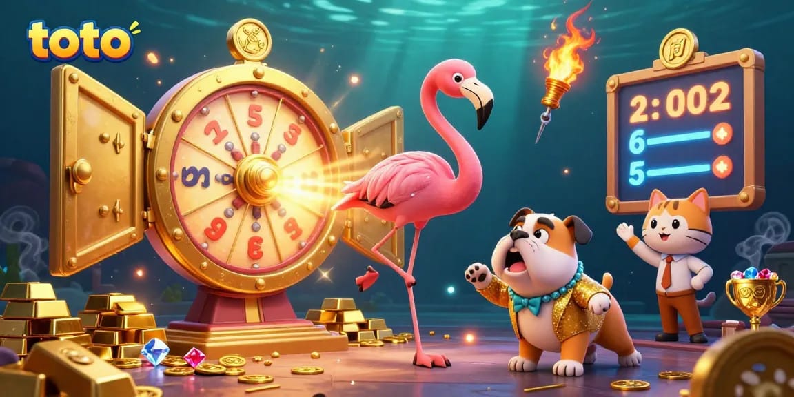 Engage with exciting toto games in a vibrant scene featuring a flamingo host and a bulldog contestant.