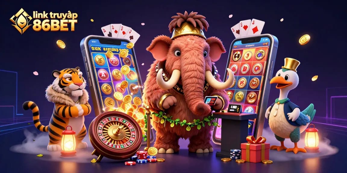 Engaging illustration showcasing link truy cập 86BET with a vibrant casino scene emphasizing gambling excitement.
