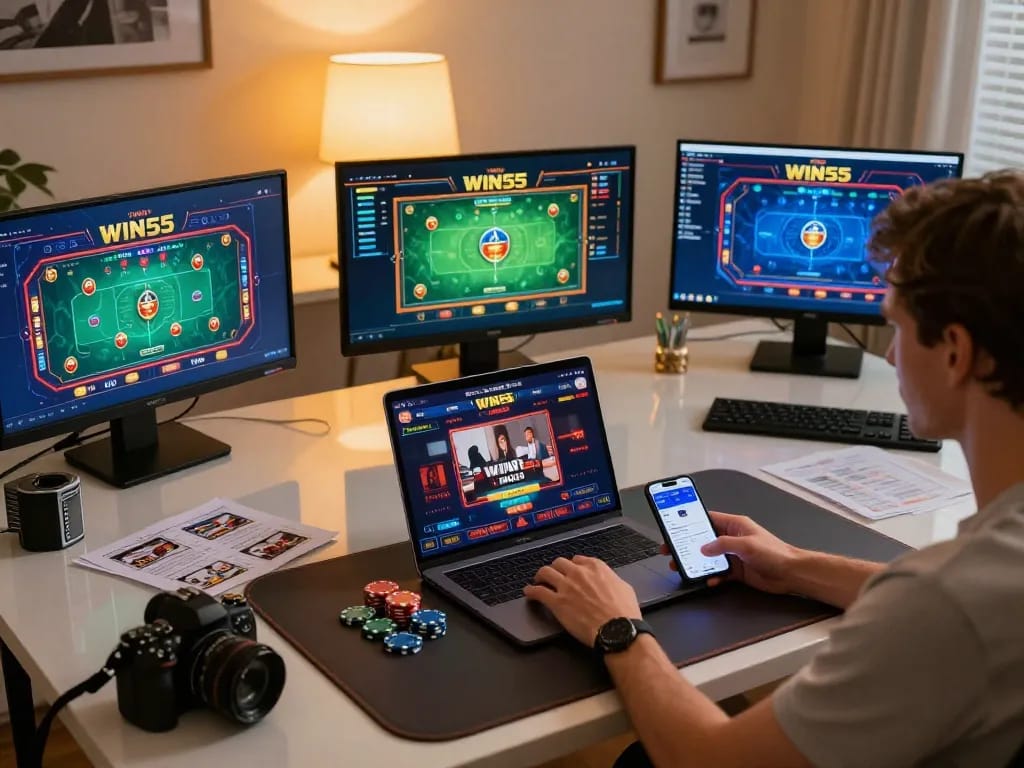 Player engaging with WIN55 app on smartphone, showcasing online casino setup