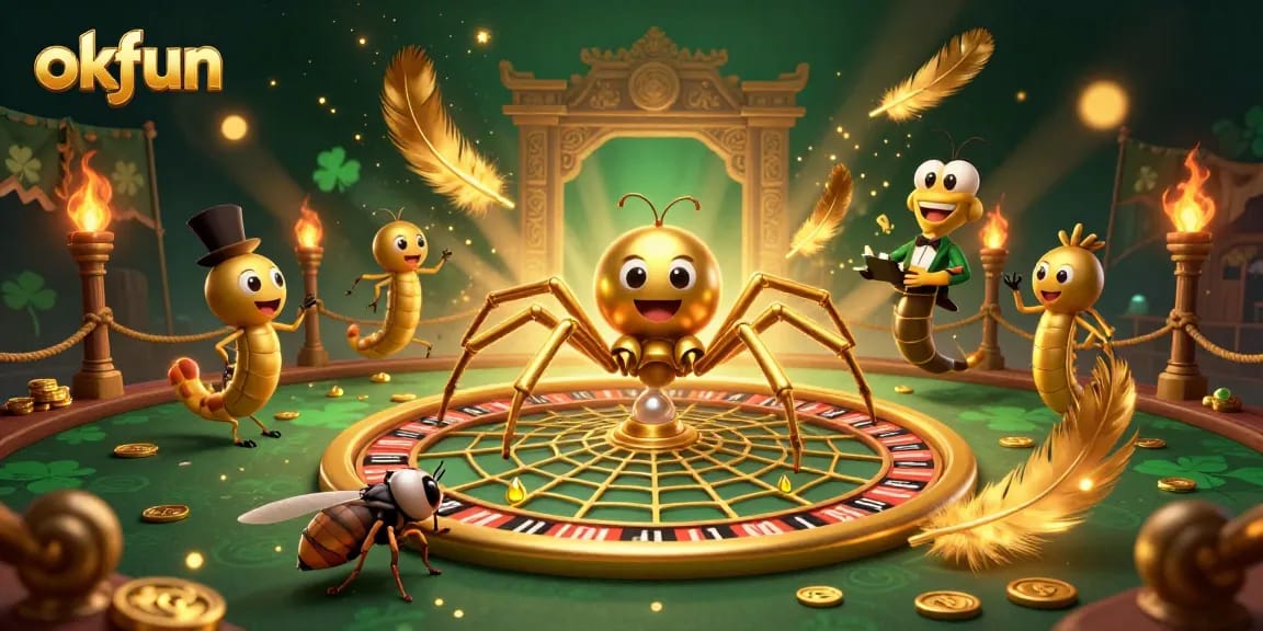 Engage in thrilling action at okfun with a colorful golden spider and betting elements in a dynamic 3D casino scene.