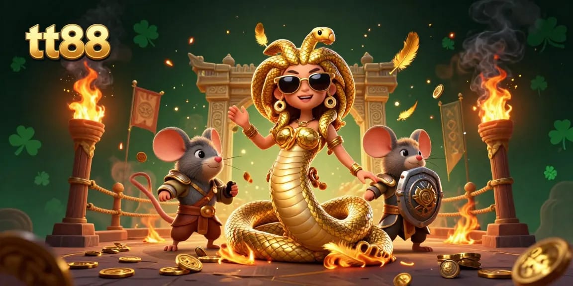 Experience thrilling gameplay at tt88 with a vibrant scene featuring friendly Medusa and a warrior mouse amidst casino action.