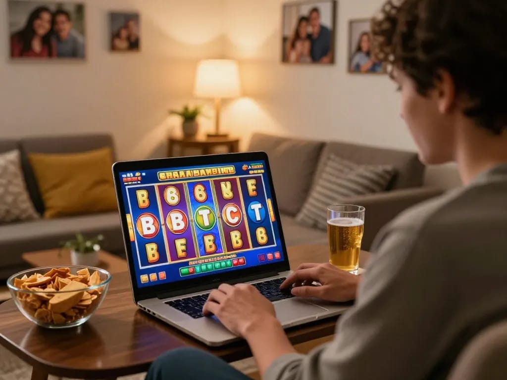 Player focused on slot gacor game on laptop, cozy home atmosphere with snacks and drinks