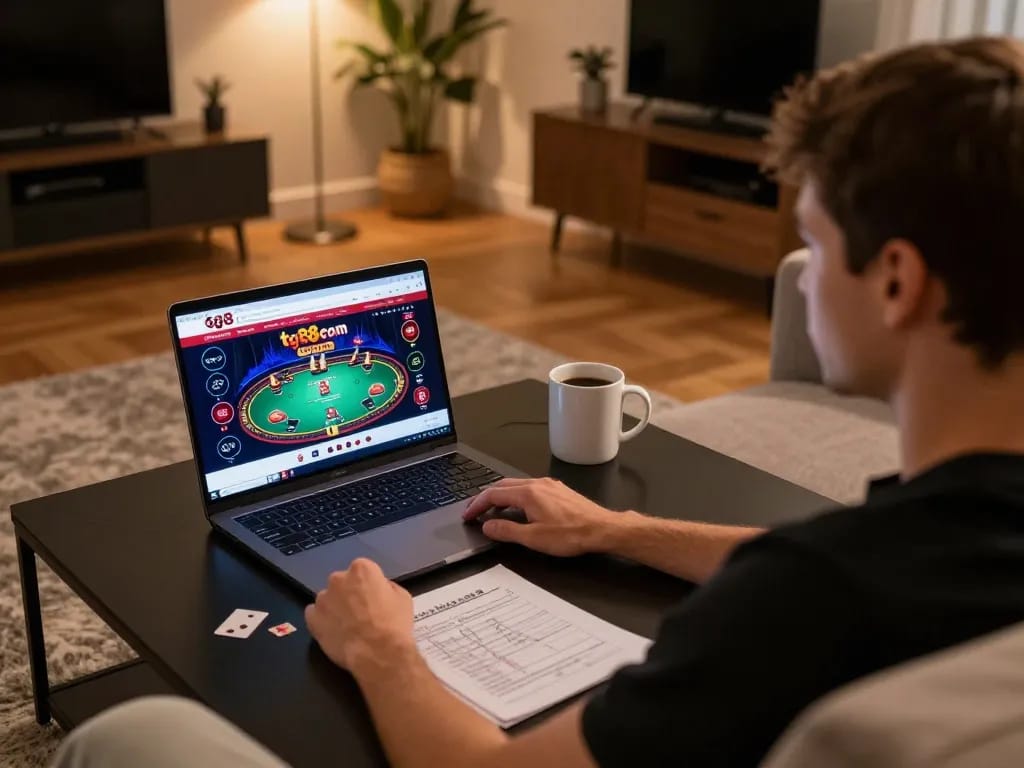 Enjoying online gaming on tg88 com with poker gameplay visible on the laptop
