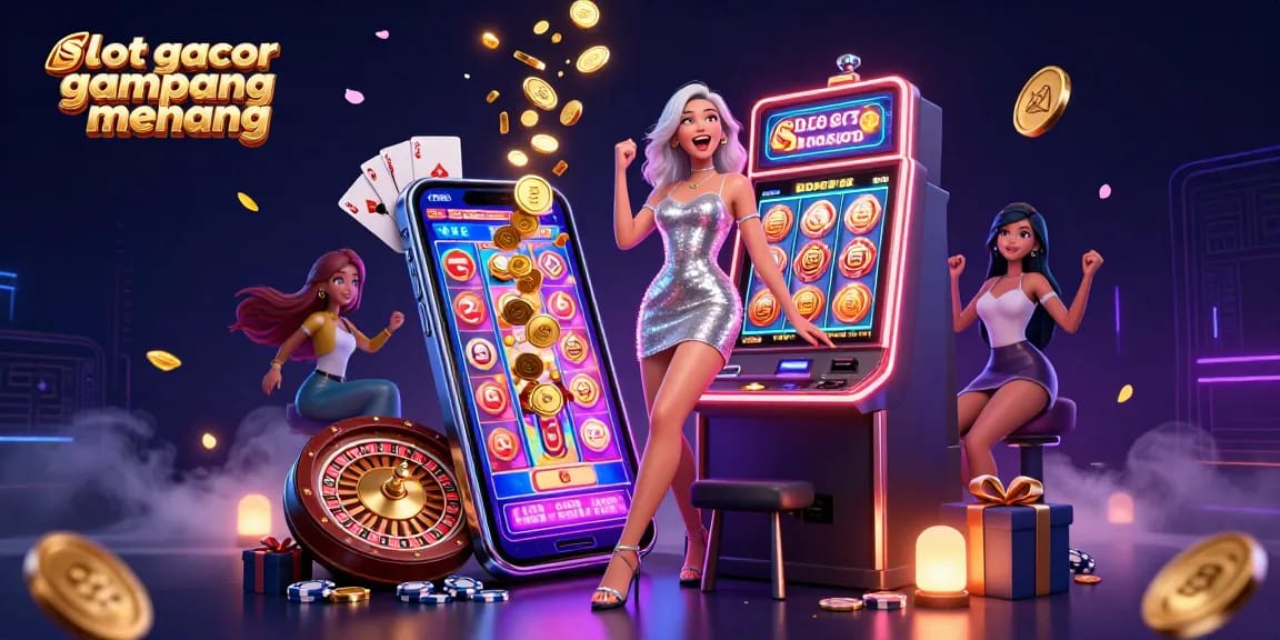 Experience jackpot thrills with slot gacor gampang menang, dazzling Asian woman celebrating by a winning slot machine.